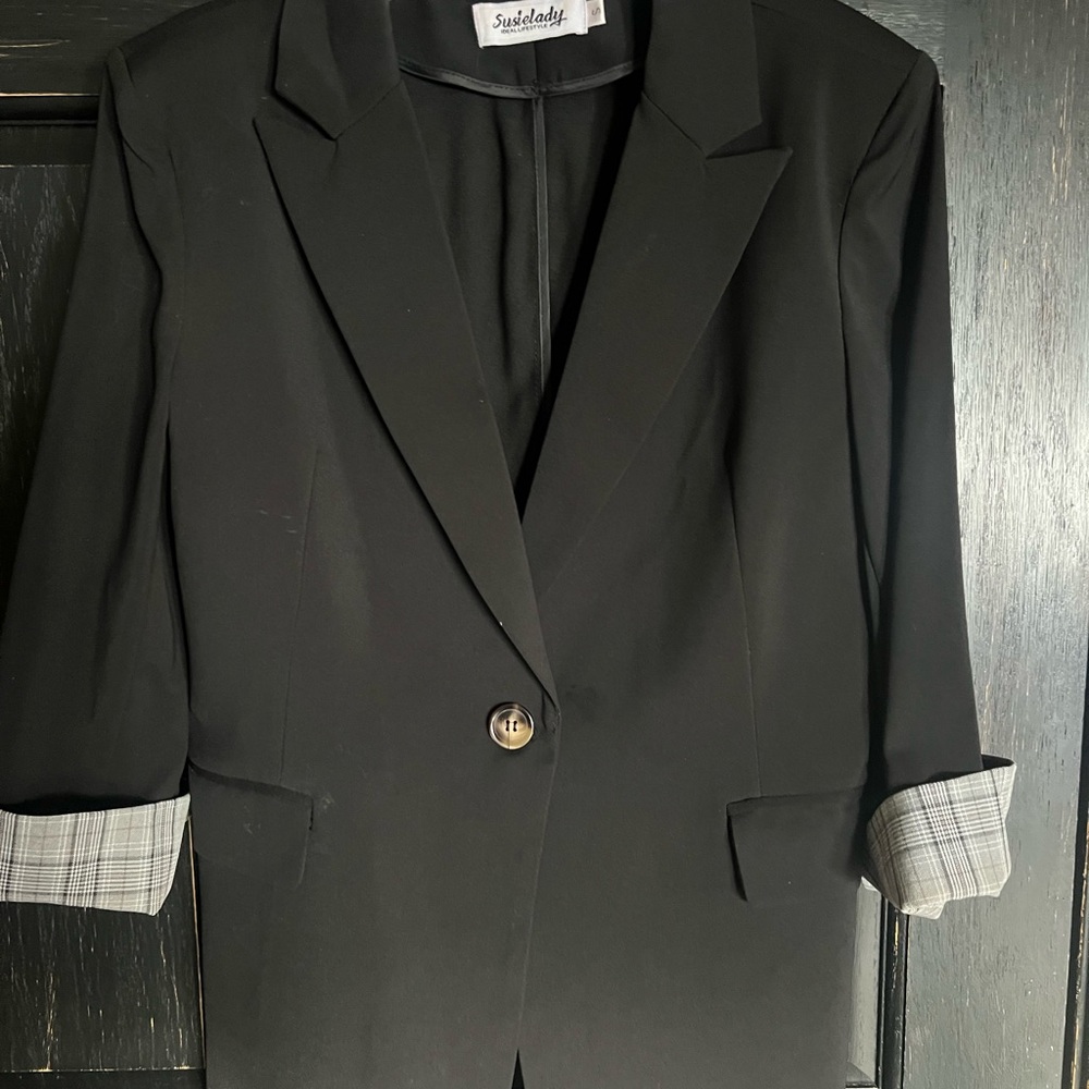Black Blazer with Plaid Cuffs